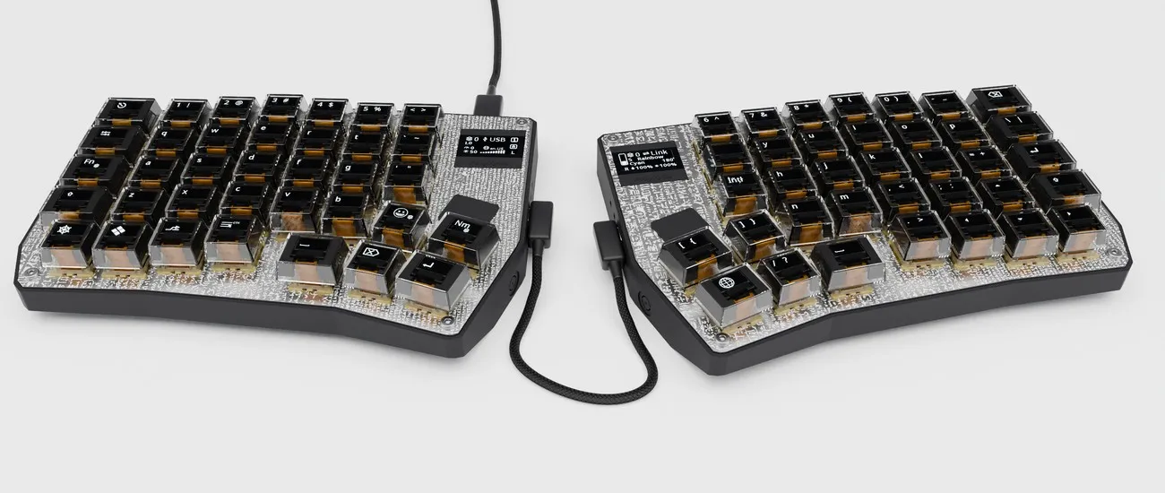 Both PolyKybd Split72 halves with lit keycap legends, rendered from the KiCad models