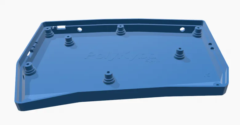 OpenSCAD render of the PolyKybd case bottom, generated parametrically with the embossed logo and PCB standoffs