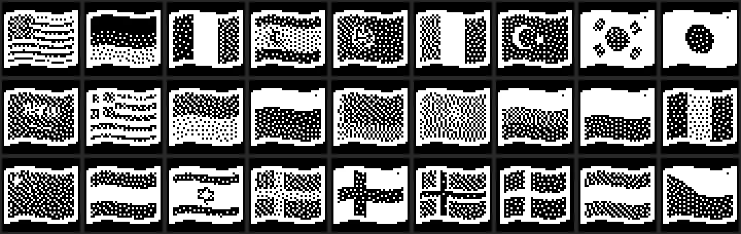A contact sheet of country-flag glyphs from the flags bundle, each dithered to a 1-bit 72×40 keycap bitmap