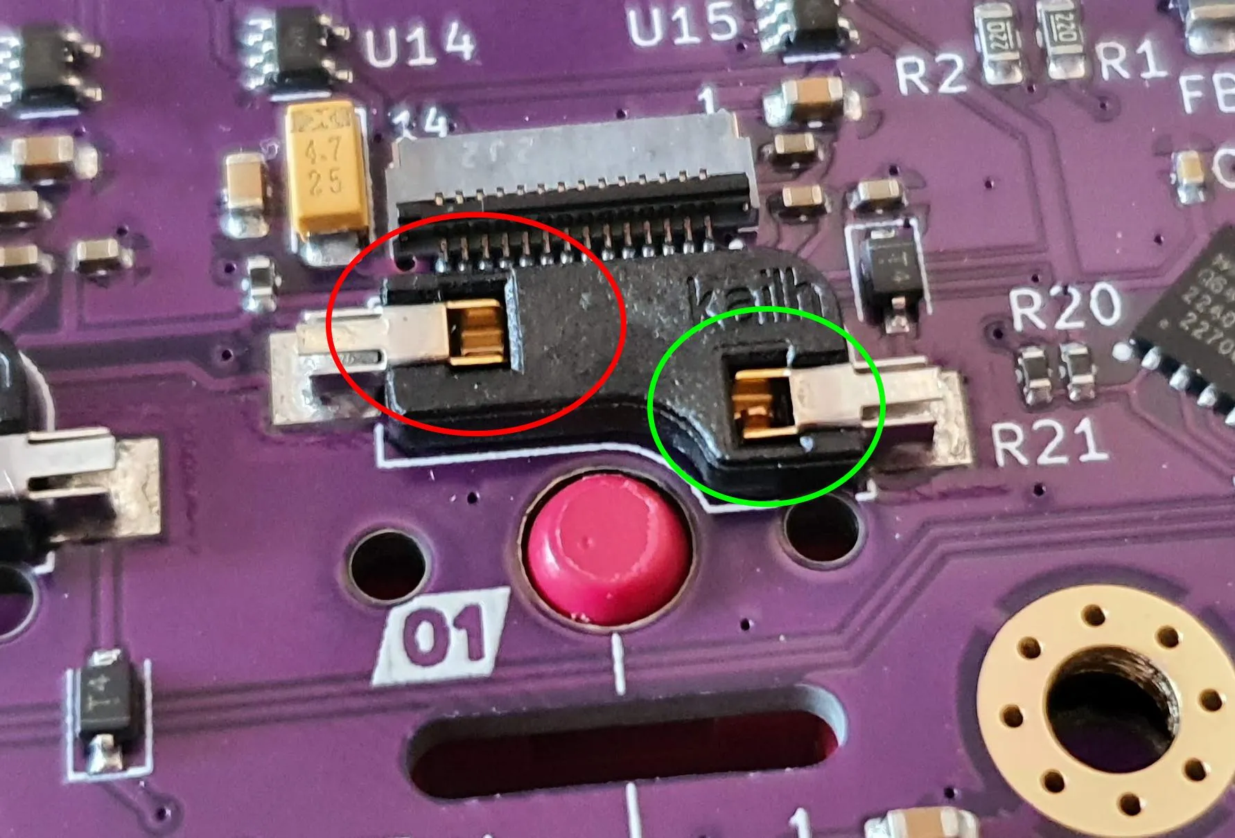Switch with only one pin visible — not fully seated