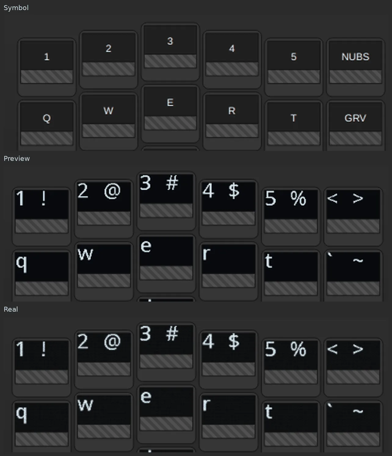 The same six keys drawn three times: as keycodes, as keycap previews, and through the OLED simulation