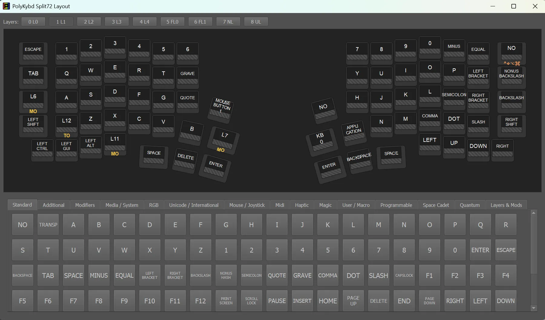 The PolyKybdHost Layout Editor — the split72 key grid with layer tabs across the top and a keycode picker below