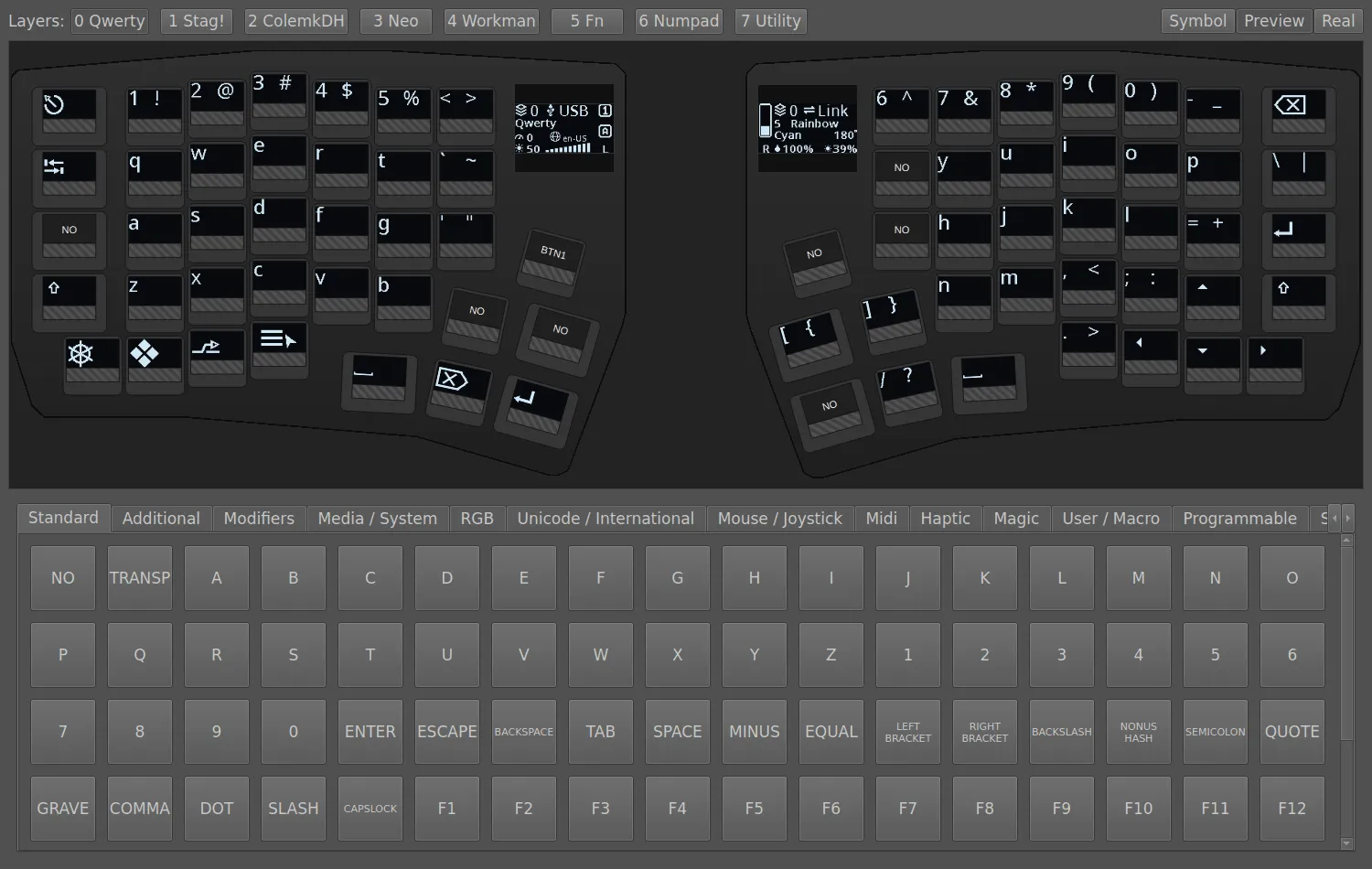 The PolyKybdHost Layout Editor: both halves of the split72 drawn on their case plates, each with its 0.96 inch status panel lit, layer tabs named Qwerty, Stag!, ColemkDH, Neo, Workman, Fn, Numpad and Utility across the top, and a keycode picker below
