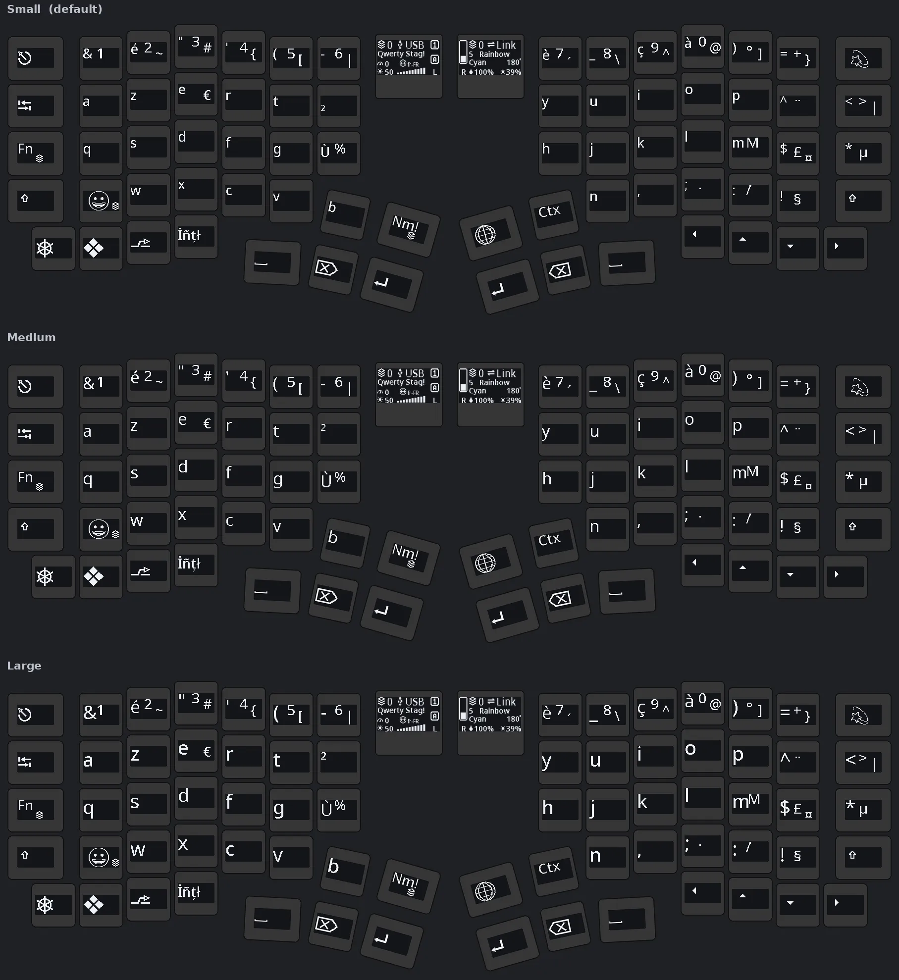 A full split72 keyboard on the French AZERTY layout with both status displays, drawn three times at the small, medium and large legend sizes