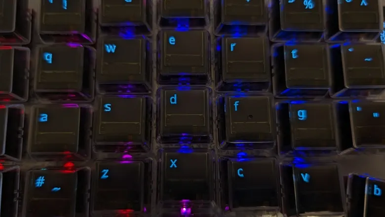 Close-up of the lit per-key OLED legends — the static images that anti-burn-in protection keeps from burning in