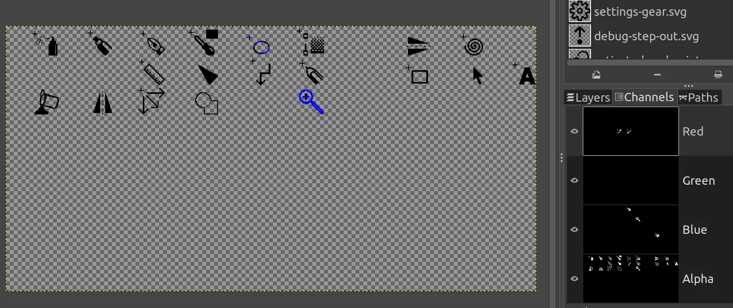 GIMP editing an overlay: icons placed in the keycap grid on the left, the Red/Green/Blue/Alpha channels on the right each holding a different modifier's icons