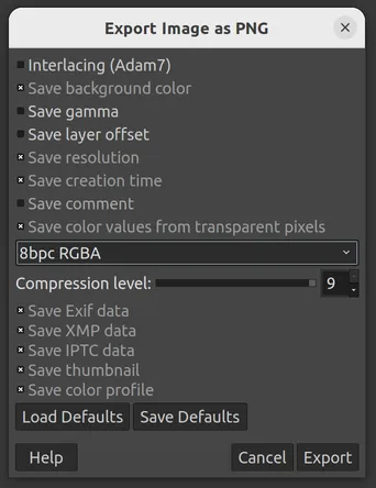 GIMP's Export Image as PNG dialog with "Save color values from transparent pixels" ticked and 8bpc RGBA selected
