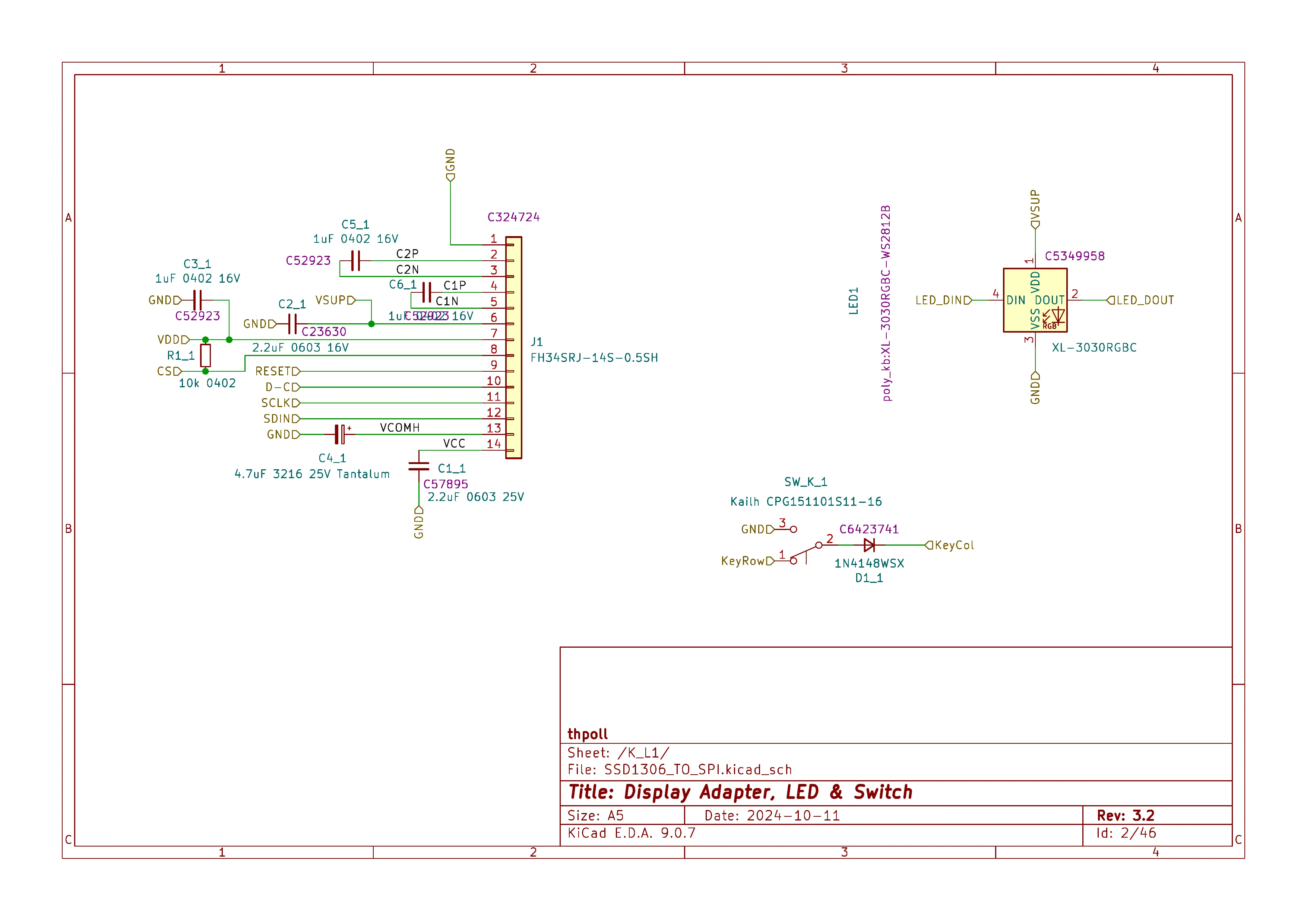 Key unit schematic — FPC display socket, WS2812B RGB LED, hot-swap MX switch and matrix diode