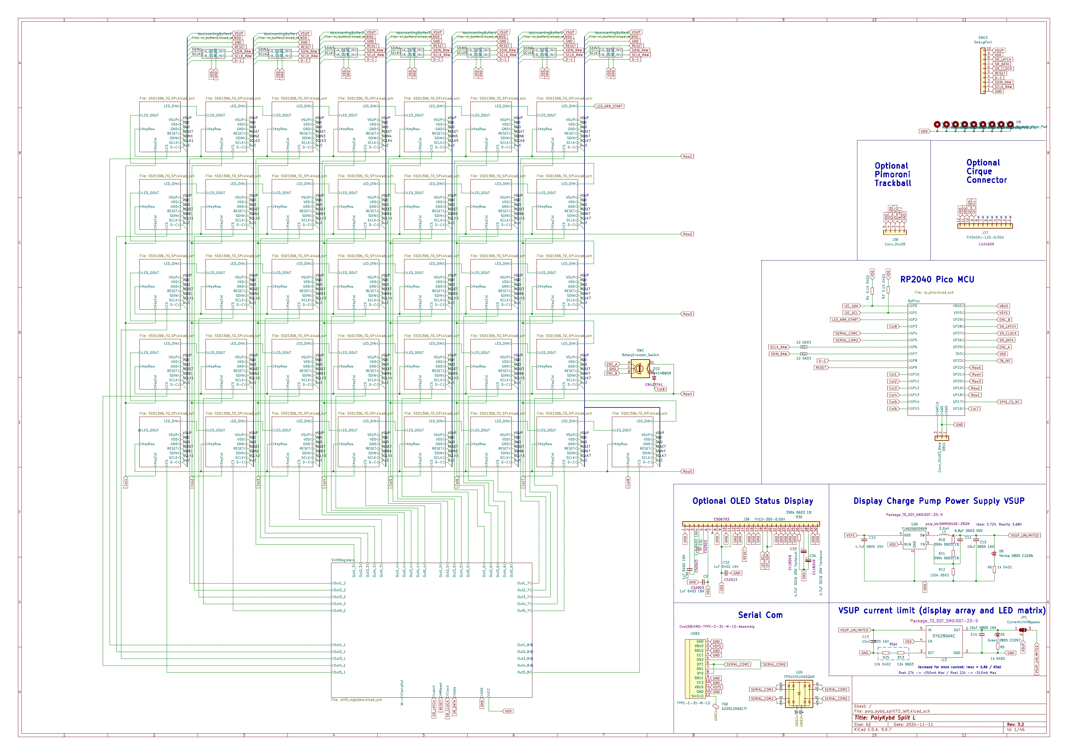 Left half schematic — root sheet tying together the 36 key units, RP2040, shift registers, power and peripherals