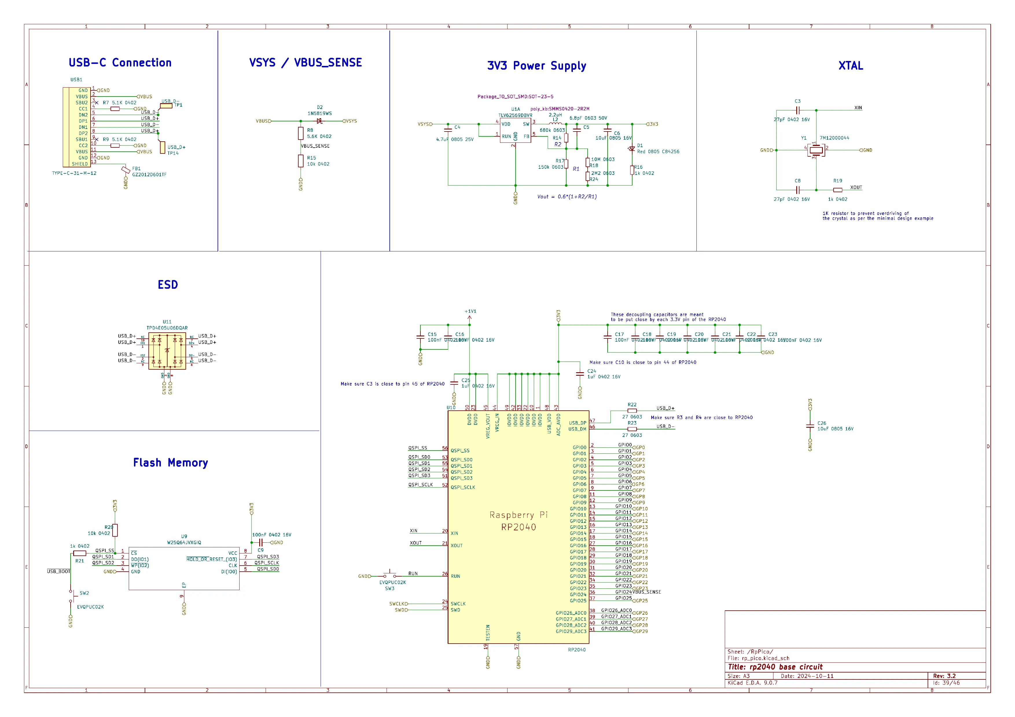 RP2040 core schematic — MCU, QSPI flash, crystal, 3.3 V regulator, USB-C and ESD protection
