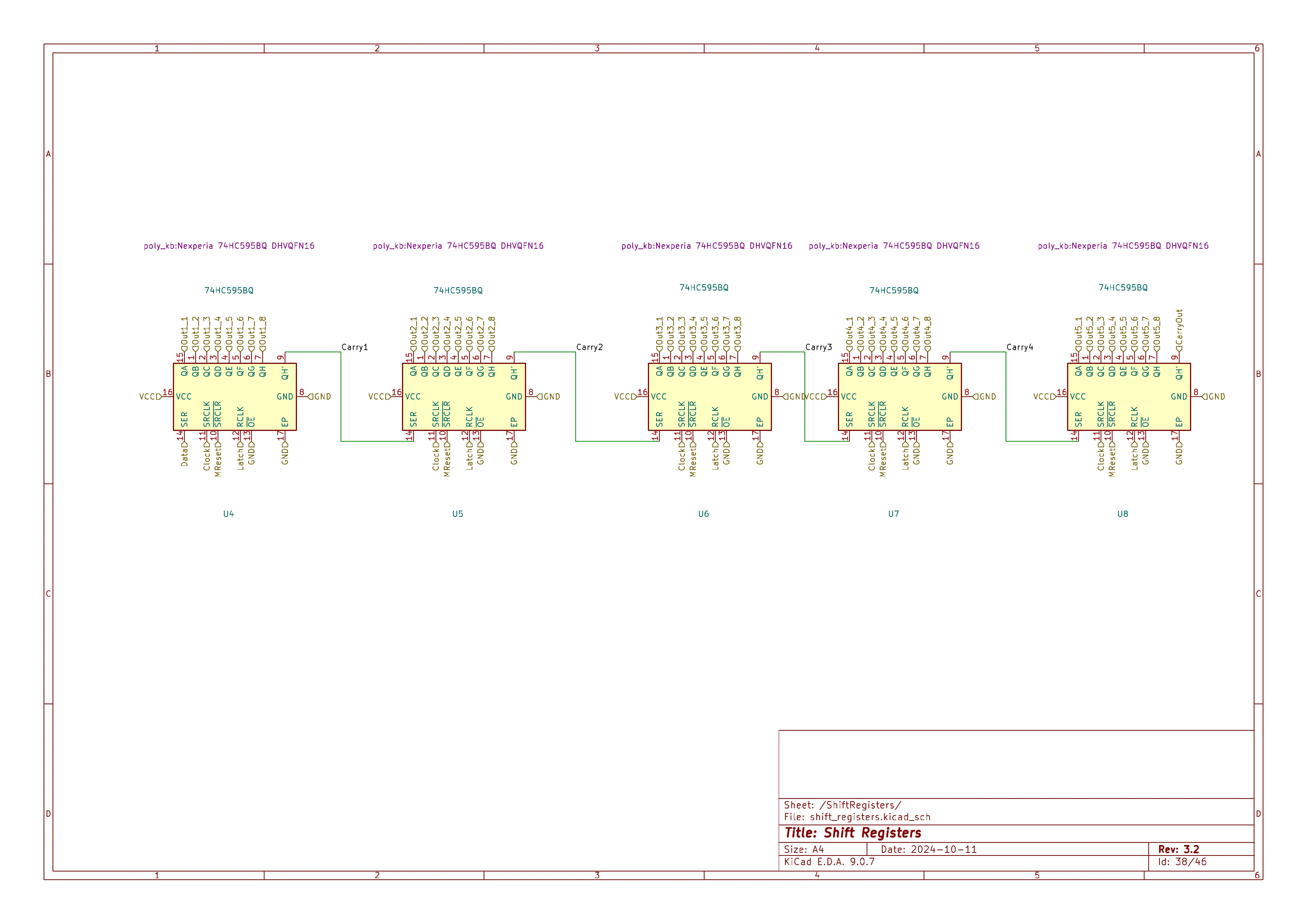 Shift-register schematic — five daisy-chained 74HC595s expanding MCU pins into 40 control lines