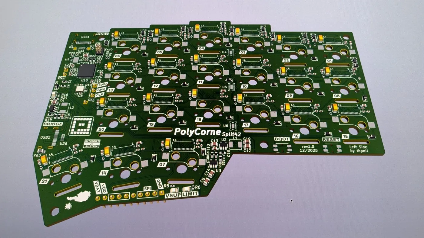 KiCad 3D render of the split42 left PCB, silkscreened "PolyCorne Split42, rev1.0"