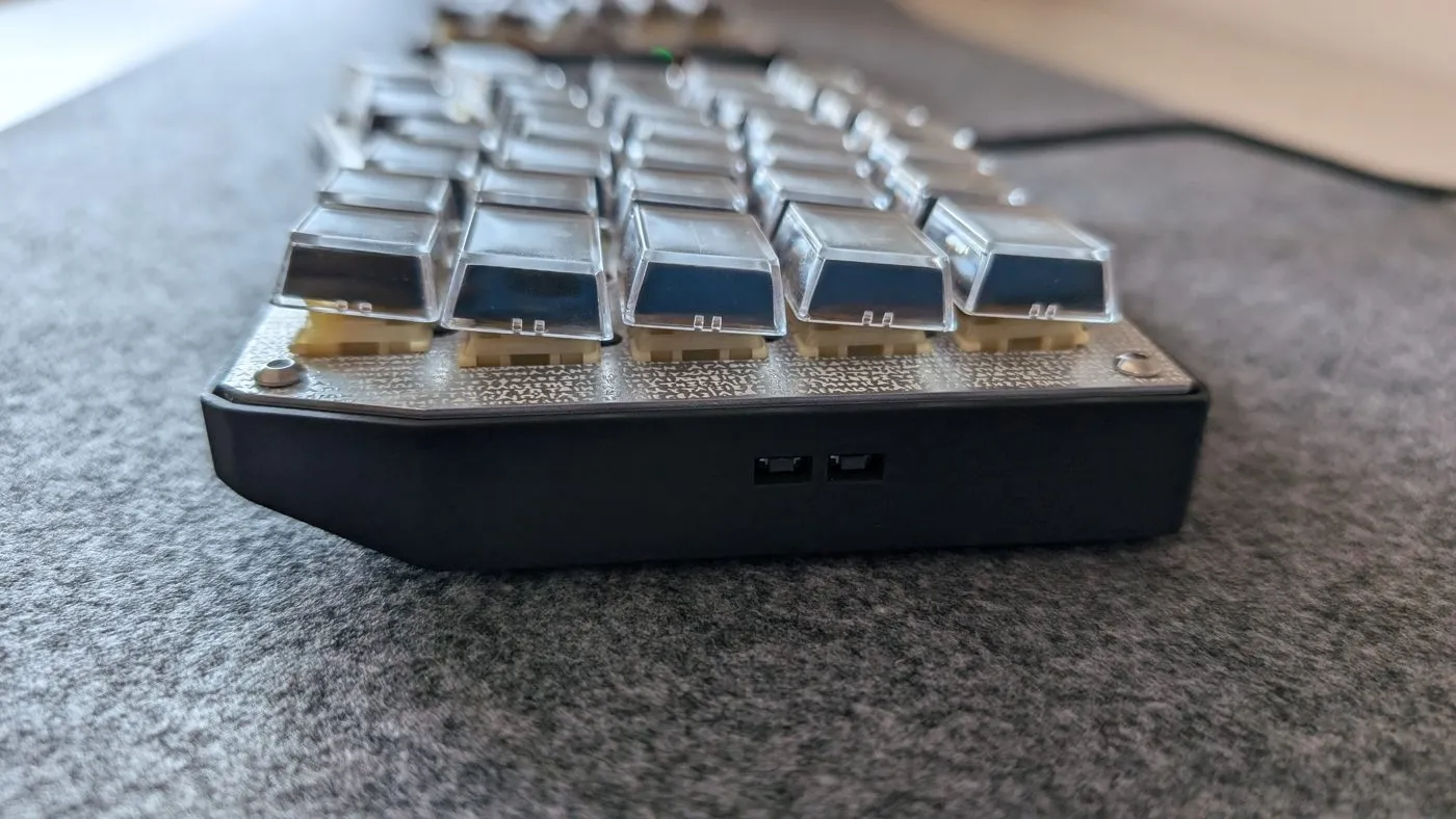 Side view of an assembled Split72 half showing the case height and keycap profile
