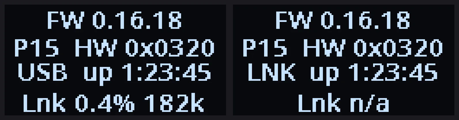 The status displays of both halves showing the board-info screen: firmware version, protocol and hardware version, USB or link role with uptime, and split-link health