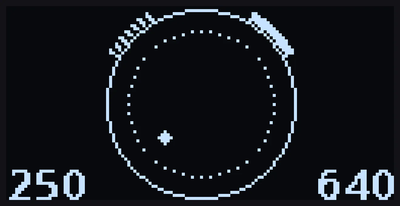 The split72 status OLED showing the trackpad view: a solid circle for the pad rim, a dotted ring inside it marking where a dial can start, a dashed marker outside the rim at the top left for the dial-start wedge, a solid marker at the top right for the right-click corner, a round dot below and left of centre for the finger, and the raw pad coordinates 250 and 640 in the bottom corners