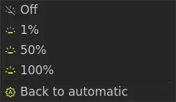 The tray Brightness submenu: Off, 1%, 50% and 100% presets, then a separated "Back to automatic" entry