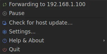 The PolyKybdHost forwarder tray menu: a status line reading “Forwarding to 192.168.1.100”, then Pause, Check for host update, Settings, Help & About and Quit