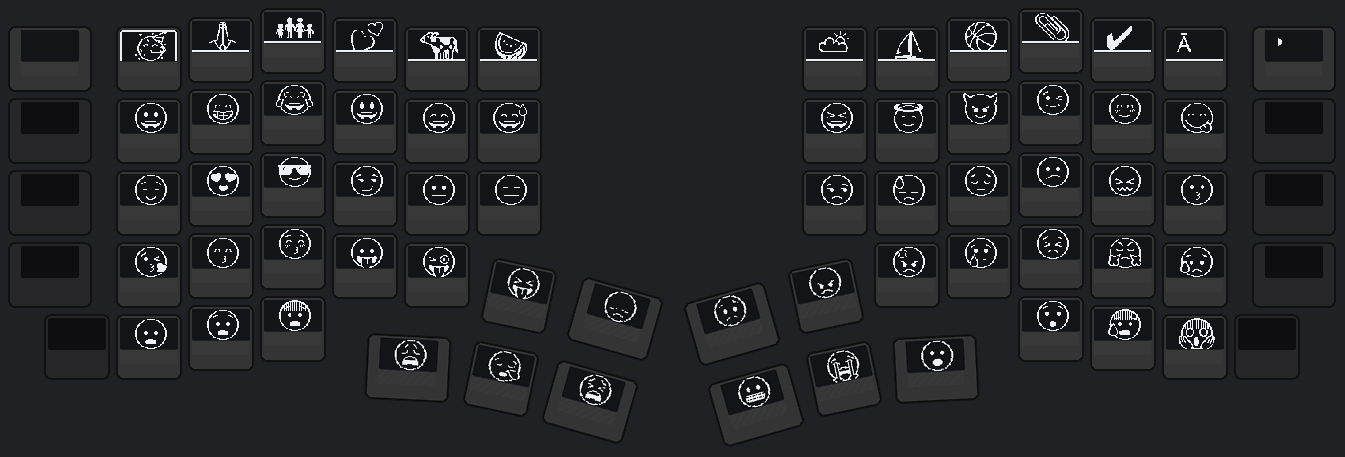 The emoji layer: every keycap OLED previews a different emoji, with category tabs along the top row